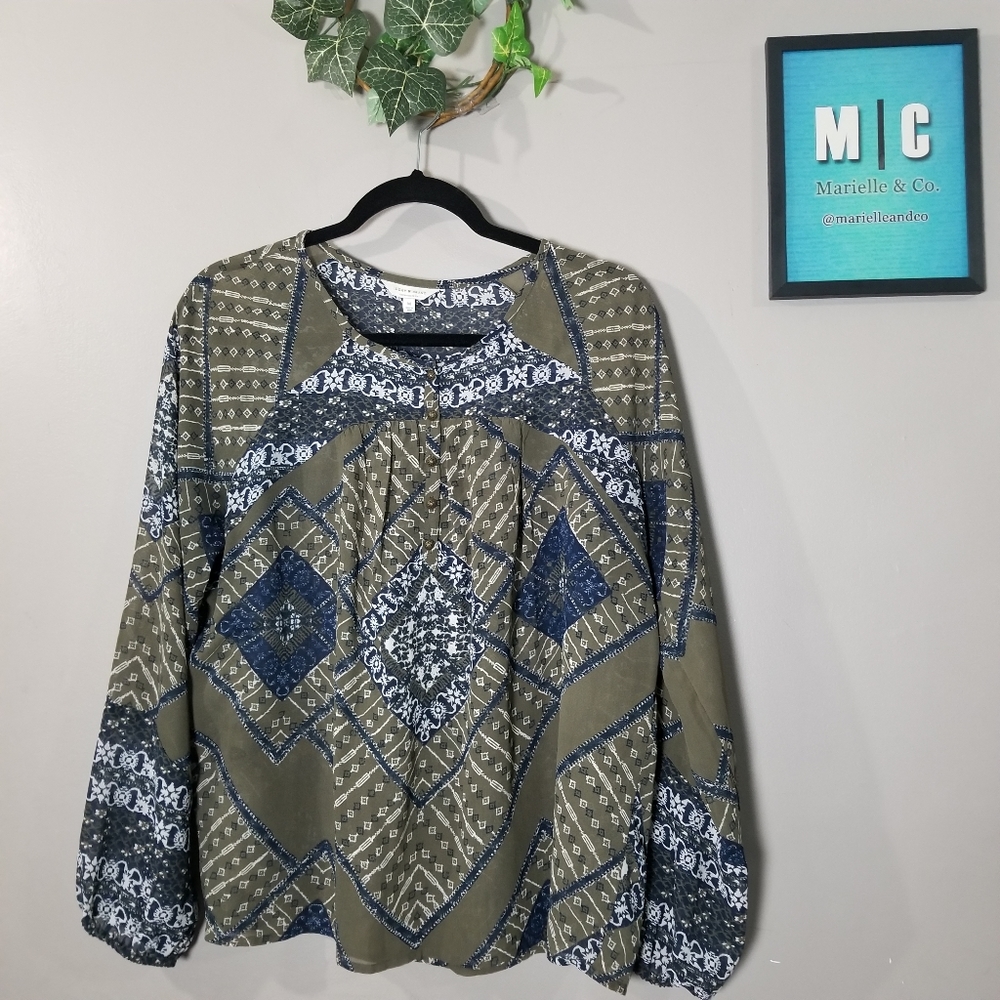 Lucky Brand Green Boho Peasant Sheer Blouse Top